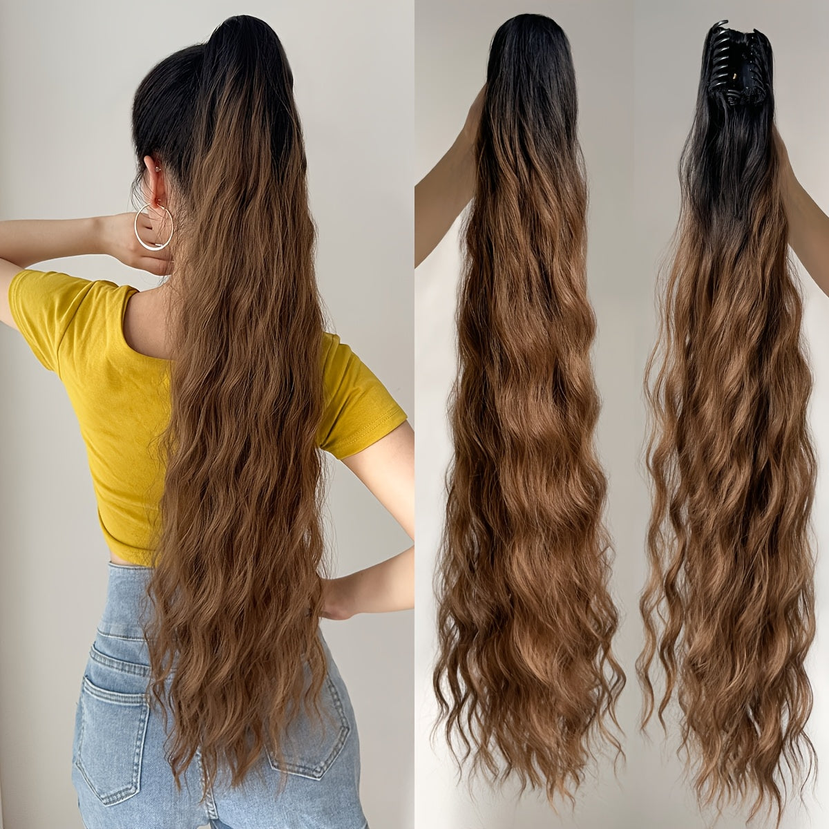 Ombre water wave heat resistant synthetic ponytail hairpiece for girls and women for parties and daily use, 81.28 cm long.