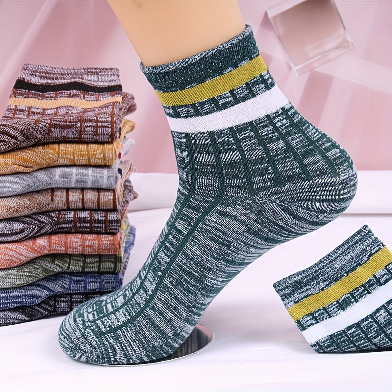 10 pairs of stylish retro striped mid-calf socks for men, breathable and comfortable year-round.