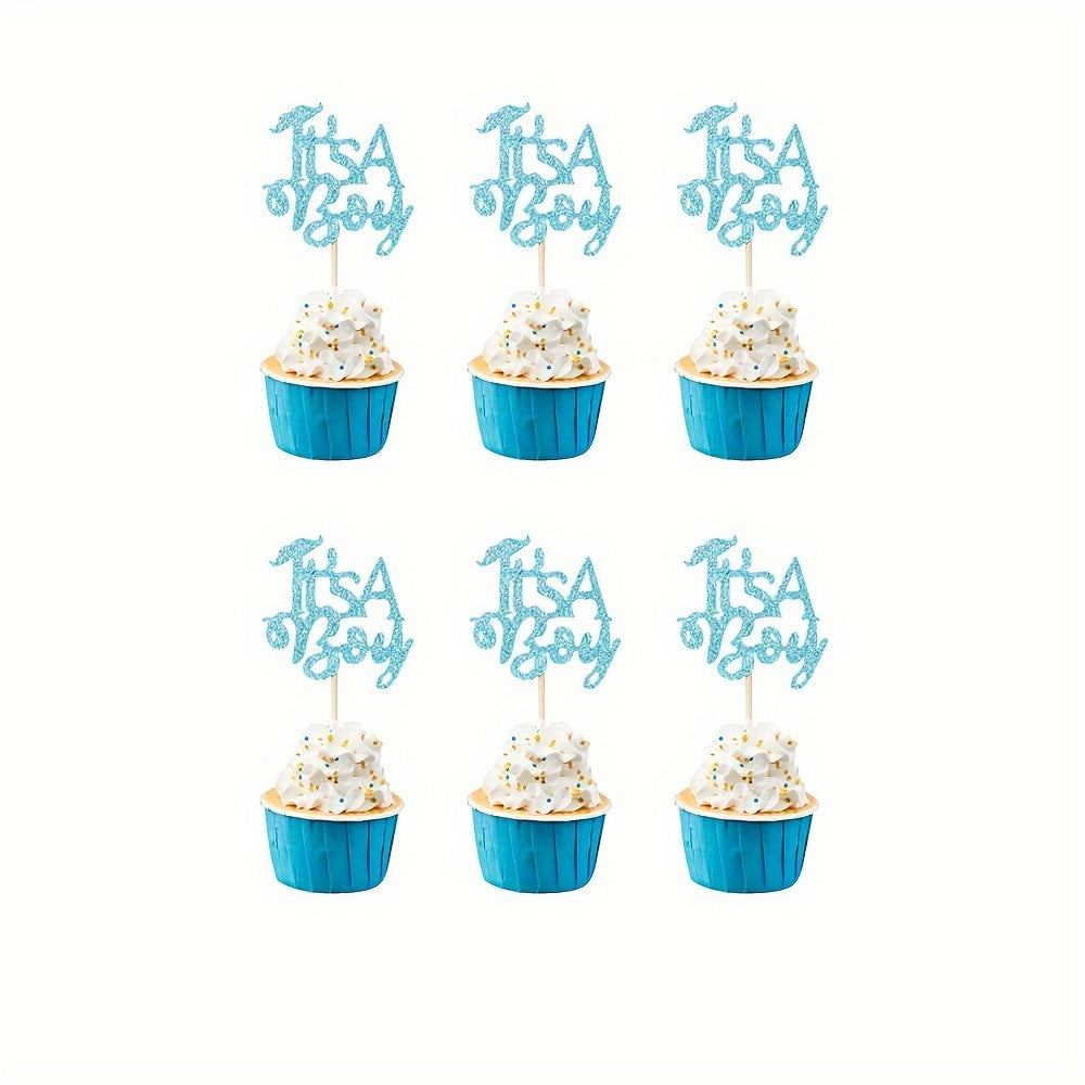 12 "It's A Boy!" cupcake toppers made of bamboo, no electricity required, ideal for birthday and party decor.