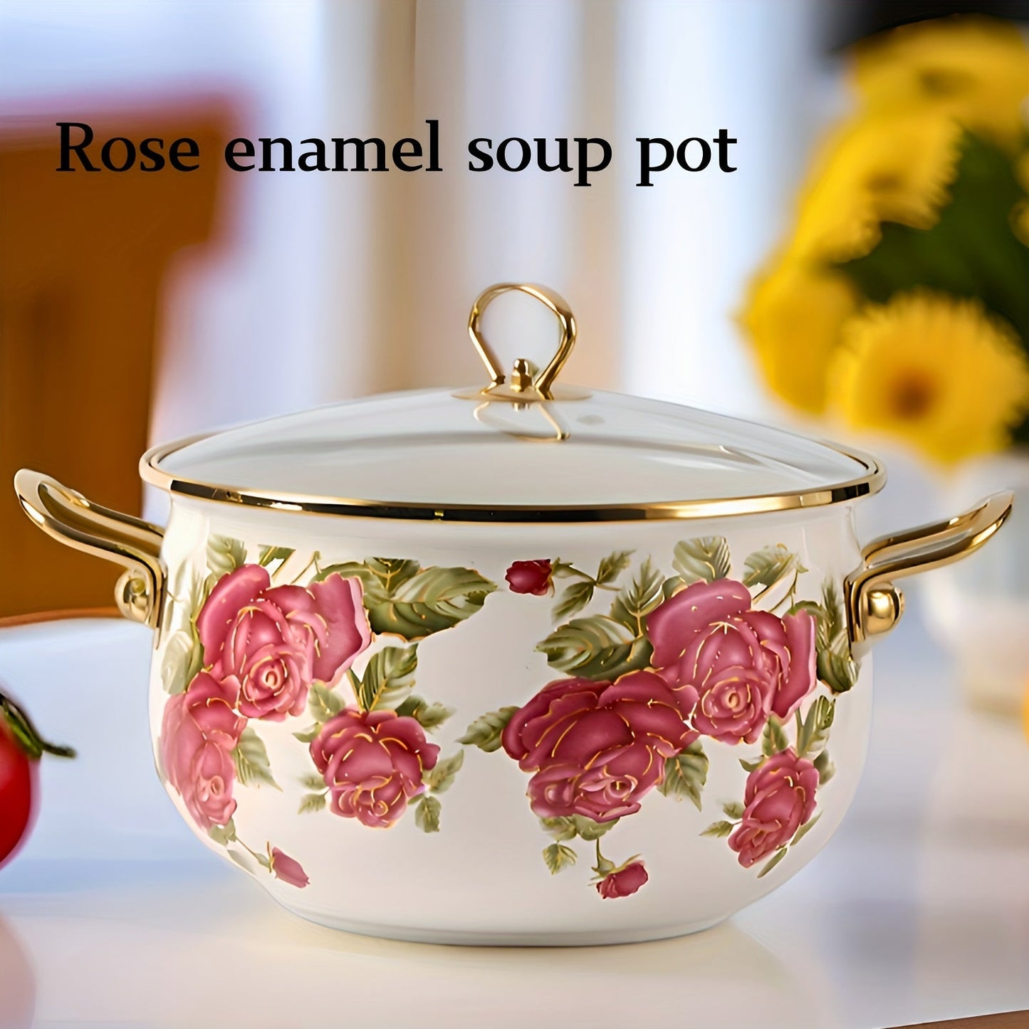 Luxurious stockpot with gold handle and lovely rose flower enamel design. Comes with a durable glass lid and is offered in four different sizes. Perfect for high-end cooking in your home or outdoor kitchen.