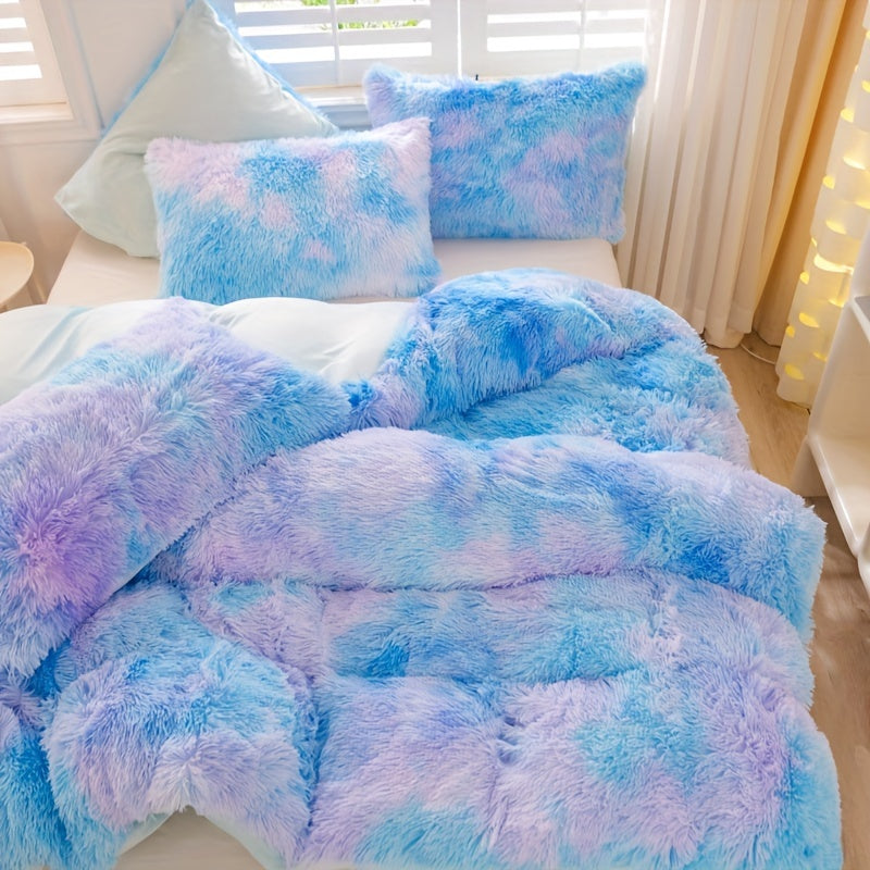 Y2K Tie Dye Plush Duvet Cover Set includes 3 pieces (1 Duvet Cover + 2 Pillowcases), providing soft and warm bedding.