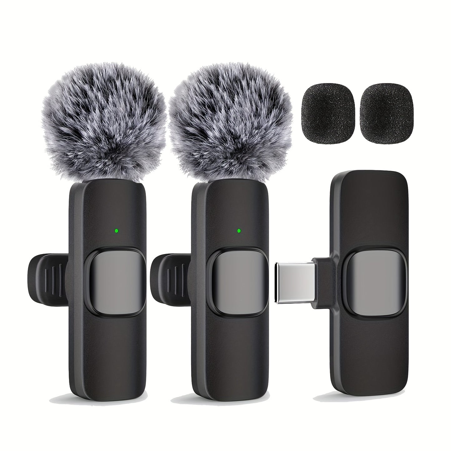 Clip-on lavalier microphone with USB-C, one-touch recording, and rechargeable battery for streaming and video conferencing.