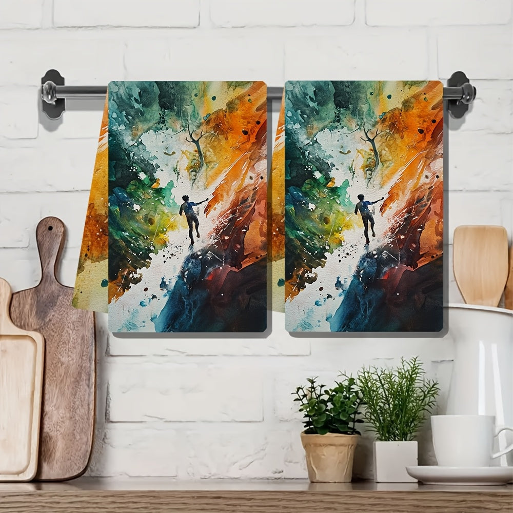 Get your hands on these 2 vibrant abstract art kitchen towels! Made from ultra soft and highly absorbent polyester, these dish hand towels are perfect for everyday use. With measurements of 40.64x60.96 cm, they are machine washable and ideal for holiday