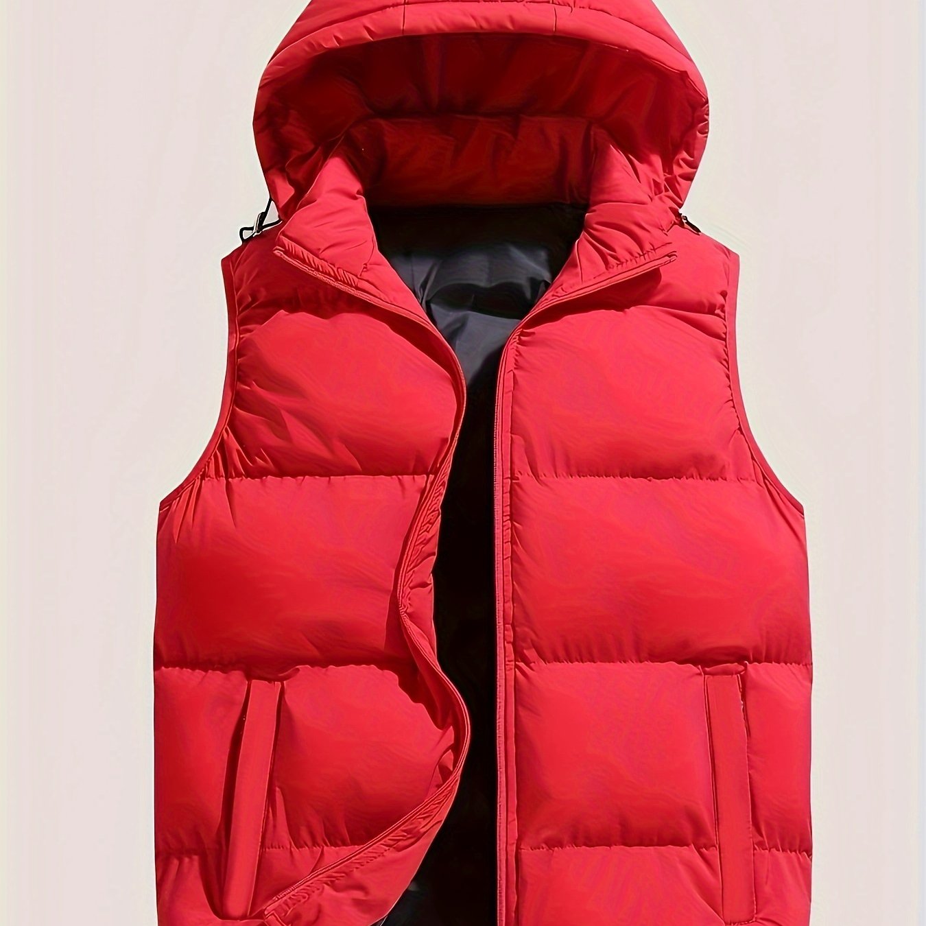 Men's casual hooded vest in solid color, zip-up with pockets and drawstring, perfect for fall/winter, plus size.