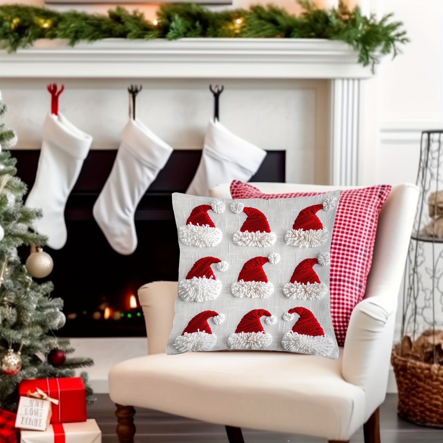 Christmas Santa hat design throw cushion cover, single sided, hand wash only, 44.96x44.96 cm, zipper closure, 100% polyester, festive weave, no insert.