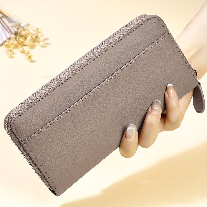 Women's Genuine Leather RFID Anti-theft Long Zipper Wallet with 19 card slots, 1 coin pocket, and 5 cash slots.