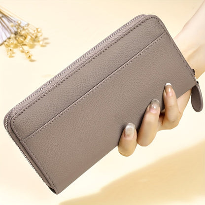 Women's Genuine Leather RFID Anti-theft Long Zipper Wallet with 19 card slots, 1 coin pocket, and 5 cash slots.