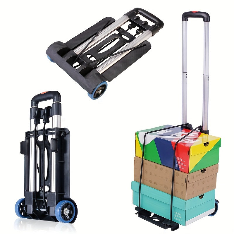 Ultra-Lightweight Portable Trolley - Compact, Folding Design with Telescopic Aluminum Handle, Durable Plastic/Metal/Aluminum Construction, Four Rubber Wheels for Easy Shopping, Moving Freight & Camping Essentials - Black, Ideal for Camping Gear