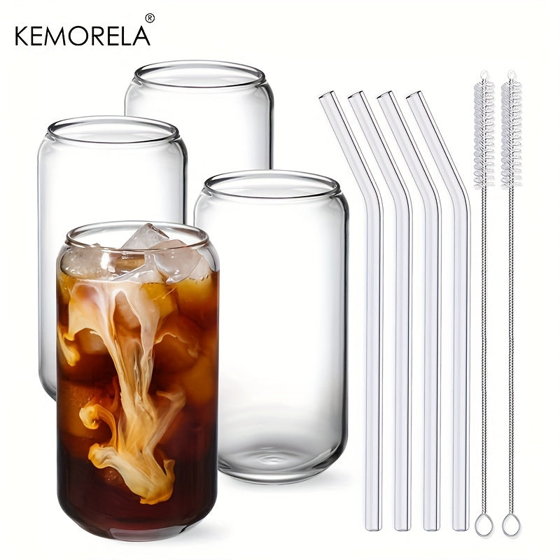 KEMORELA offers can-shaped drinking glasses with glass straws, available with or without a lid. These versatile cups are ideal for beer, iced coffee, whiskey, soda, tea, water, and more. Each set comes with cleaning brushes as a gift.