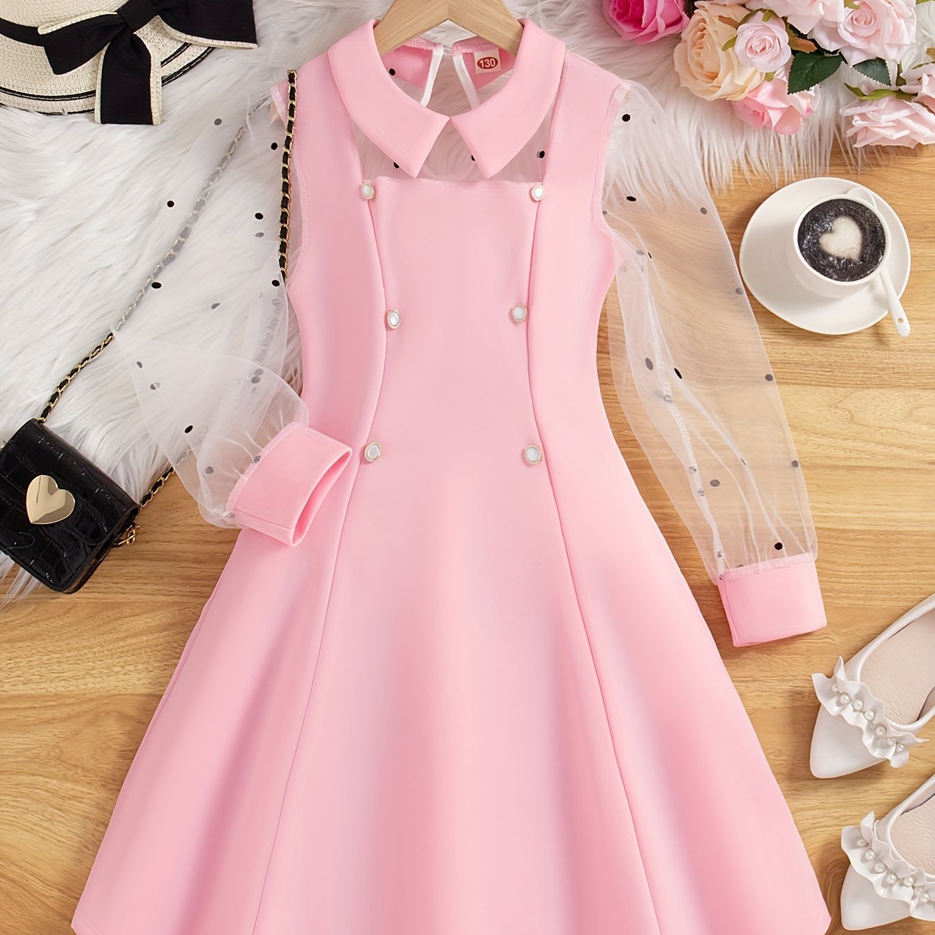 Teen's elegant mid-length dress with mesh overlay, long sleeves, solid color, made of 100% polyester with a non-stretch, regular fit. Perfect for summer fashion with fake buttons and a