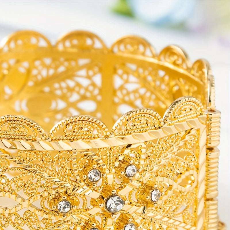 Exquisite Vintage-Inspired Bridal Bangle in Gold Plating with Intricate Hollow Carved Design and Sparkling Cubic Zirconia Details - Ideal for Weddings and Formal Events