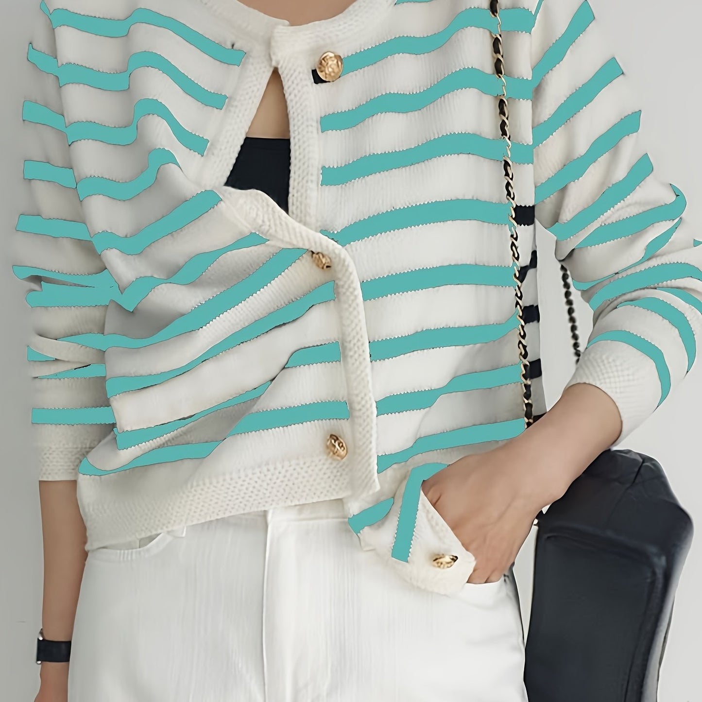 Stylish Striped Knit Cardigan for Women, ideal for Fall layering with button front and long sleeves. Made from high-stretch fabric.