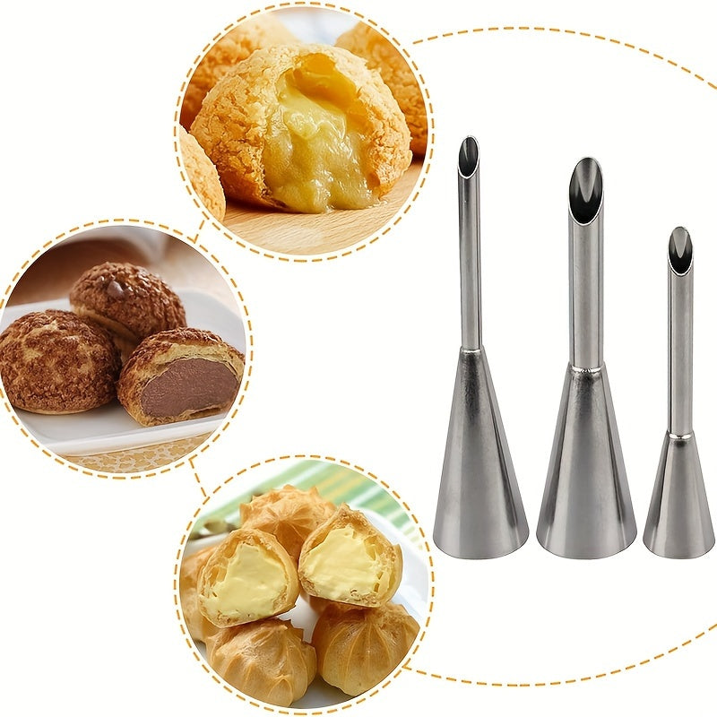 Professional Stainless Steel Long Cream Puff Nozzle Decor Set with 3 Pieces of Cream Icing Piping Nozzle Tips, Small Pastry Icing Piping Decorating Tools, Baking Supplies, and Kitchen Items