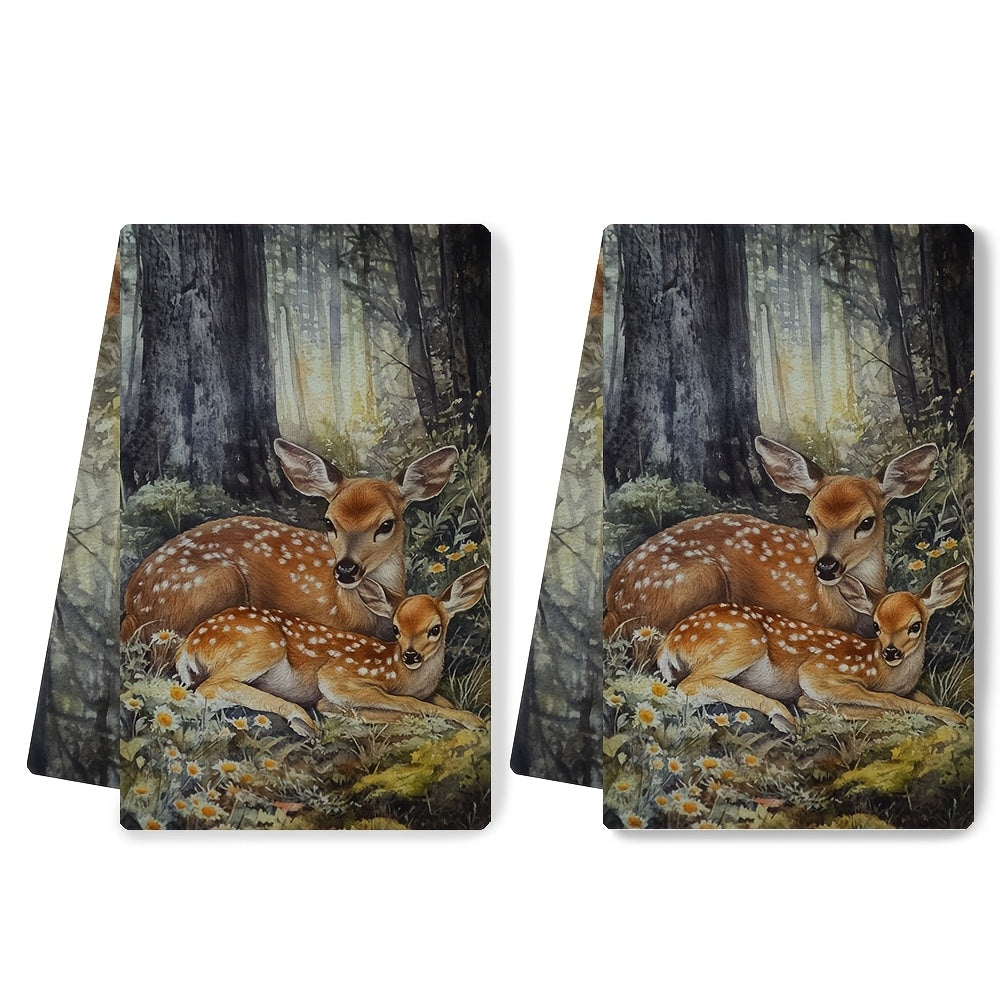 Set of 2 Coastal Style Kitchen Towels featuring a Contemporary Polyester Knit Fabric. These towels are Super Absorbent, Machine Washable, and measure 40.64x60.96 cm. They are Decorative Dish Hand Towels with a Serene Deer and Fawn Design.