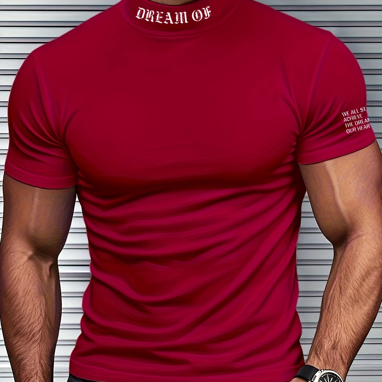 Breathable men's short sleeve t-shirt with random print, made of polyester spandex blend. Features stand collar, slight stretch, skinny fit, and knit fabric. Suitable for all seasons