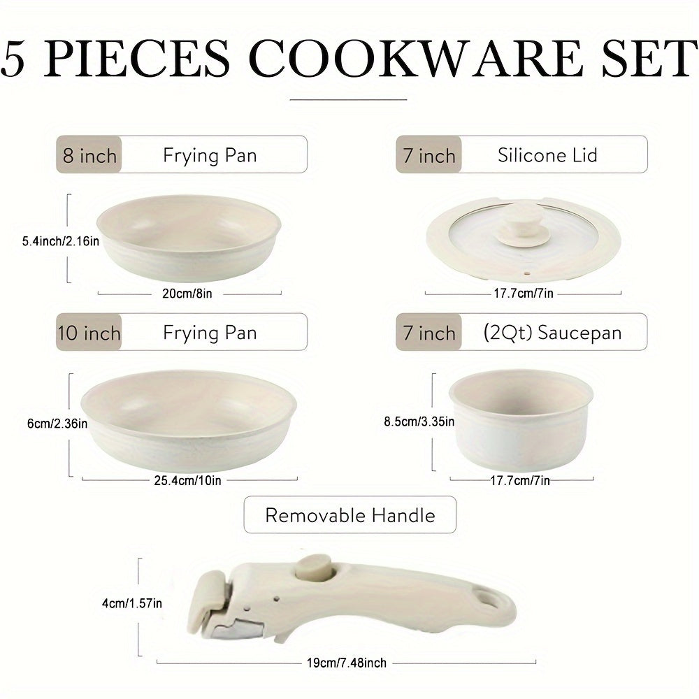 Set of 5 Aluminum Non-Stick Cookware Pieces with Detachable Handle, Free of PFOA, Suitable for Use on All Stovetops.