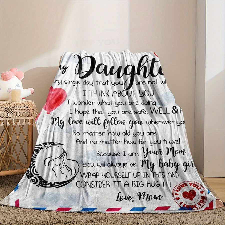 1 piece Envelope Printed Flannel Blanket, A gift from Mom to Daughter. Perfect for all seasons, this warm and cozy throw blanket is ideal for relaxing on the couch, bed, or sofa. Great for use in the office, camping, or traveling. Add a touch of home