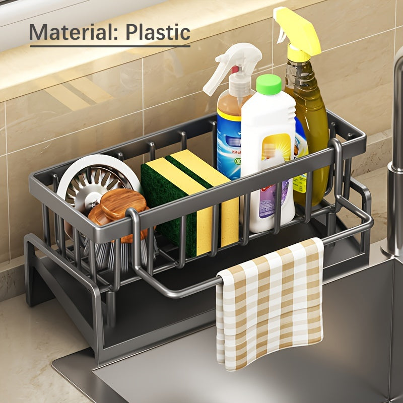 Organize your kitchen sink with this handy basket that includes a brush holder and a non-rust polypropylene sponge caddy. Keep your dishwashing sponge neatly stored with the divider in this easy-to-use storage box.