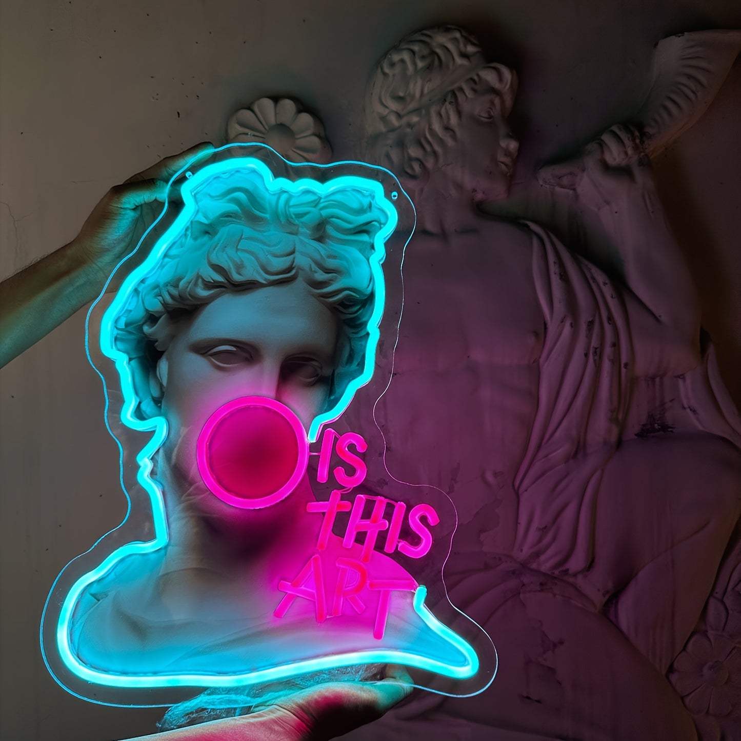 Neon LED Apollo Profile Sign with "Is This Art" Text, Pink Light, Modern Wall Decor, Bar Accent, Unique Design