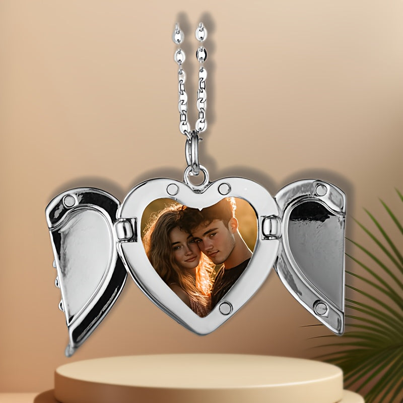 Angel Wings Heart Pendant Necklace with Custom Photo Print - Elegant and Cute Alloy Jewelry Featuring February Birthstone. Perfect Valentine's Day Gift for Couples, an Ideal Daily and Festival Accessory that is Suitable for All Seasons.