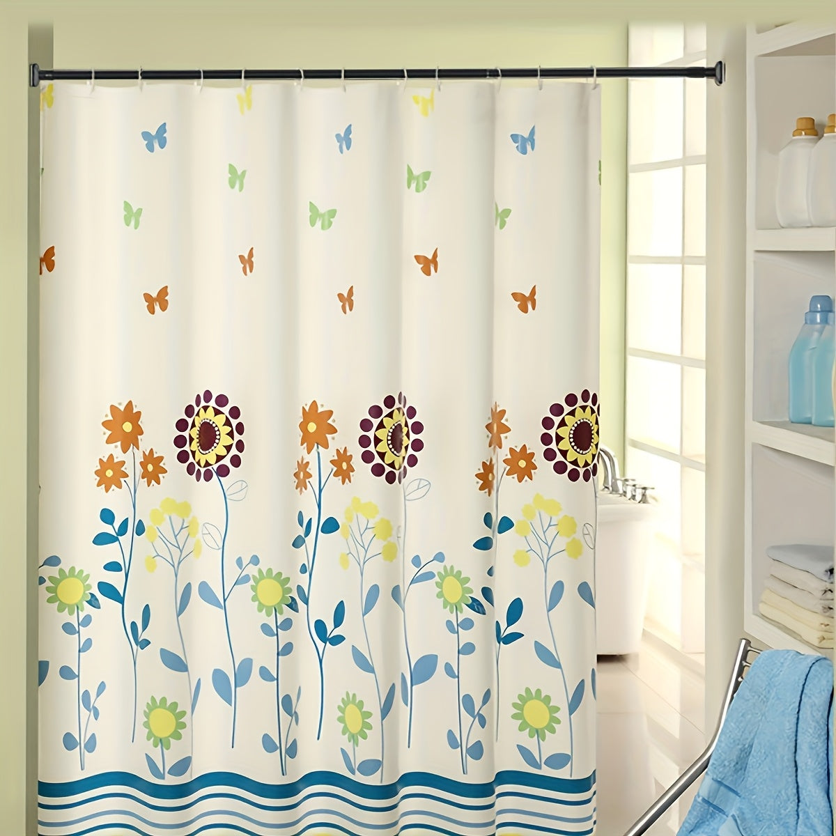 Adjustable tension curtain rod for shower, closet, window, or towel rack. Heavy-duty, no-drill, metal and plastic.