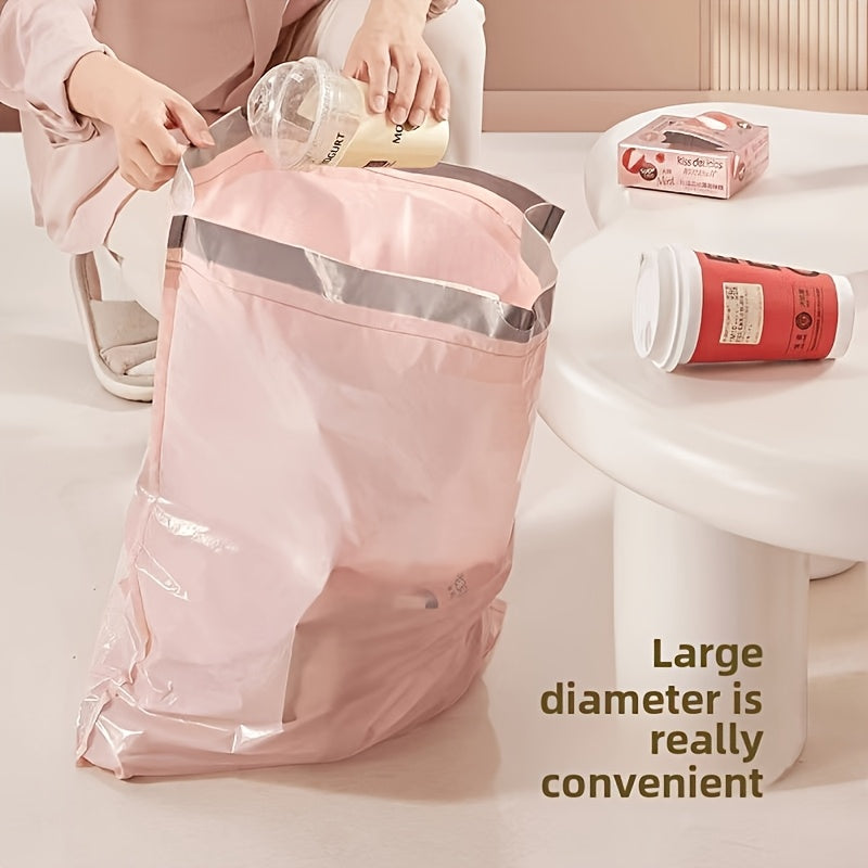 A pack of 100 super thick pink garbage bags with drawstrings, made from puncture-proof plastic. These versatile bags are perfect for use in the kitchen, bedroom, living room, and bathroom, making them a convenient and essential disposable item for any