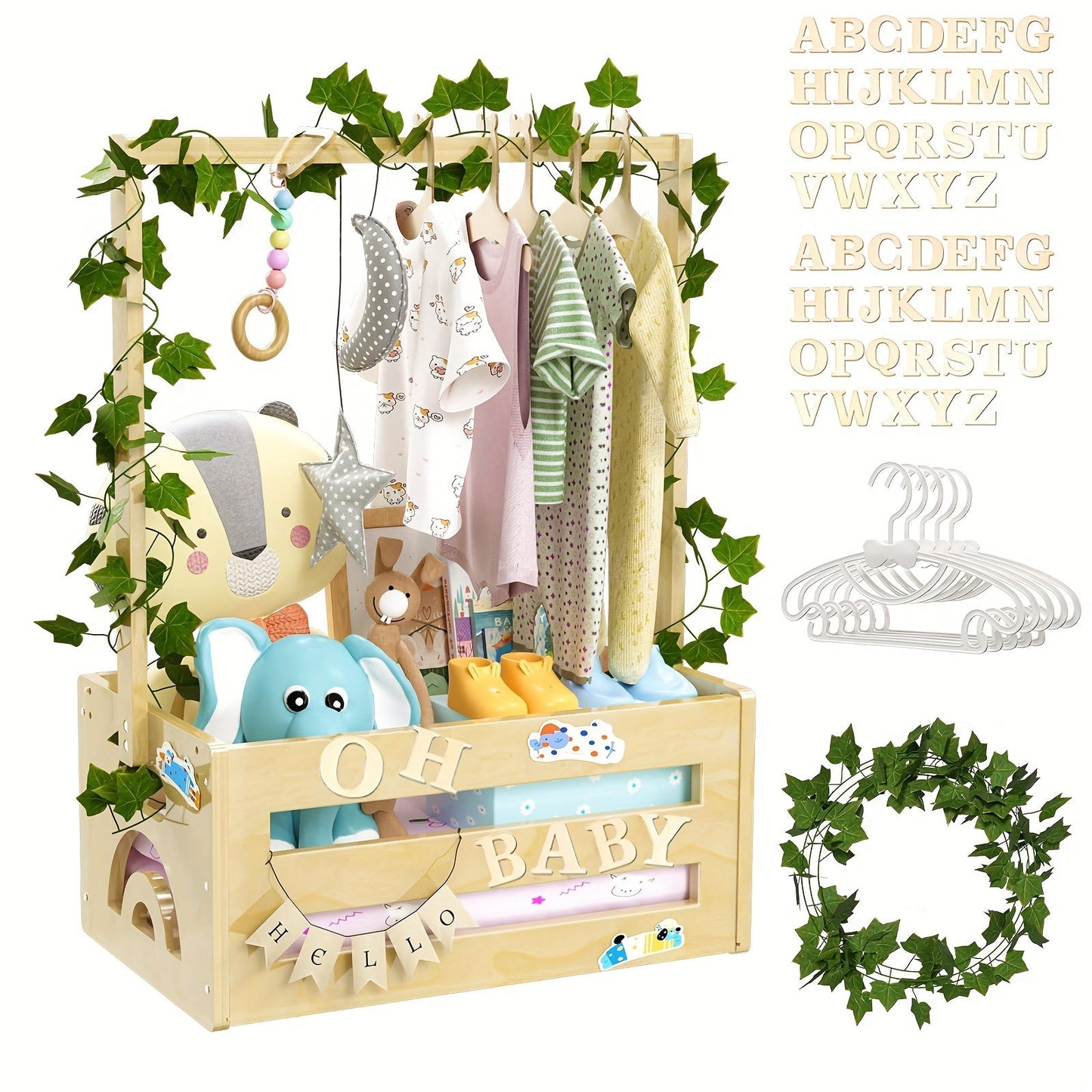 Adorable Kids' Nursery Gift Basket with Wood Accents - Includes Clothes Hangers, Vine Details, and Handle - Perfect for Baby Showers and New Parents Expecting a Boy or Girl