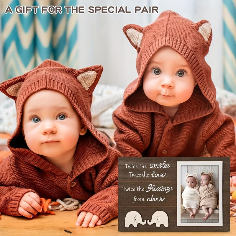 Wooden Twin Photo Frame with Elephant Design - Capture Double the Joy, Double the Love, Double the Blessings - Rectangular Picture Frame for Cherished Twins Forever Keepsake