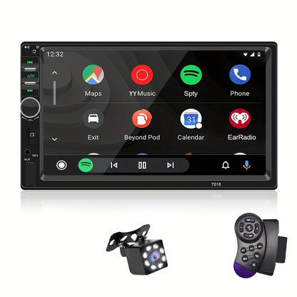 Car MP5 radio with CarPlay and AndroidAuto support, 7-inch HD touch screen, MirrorLink connection for phone mirroring, GPS navigation, wireless multimedia player, optional reverse camera