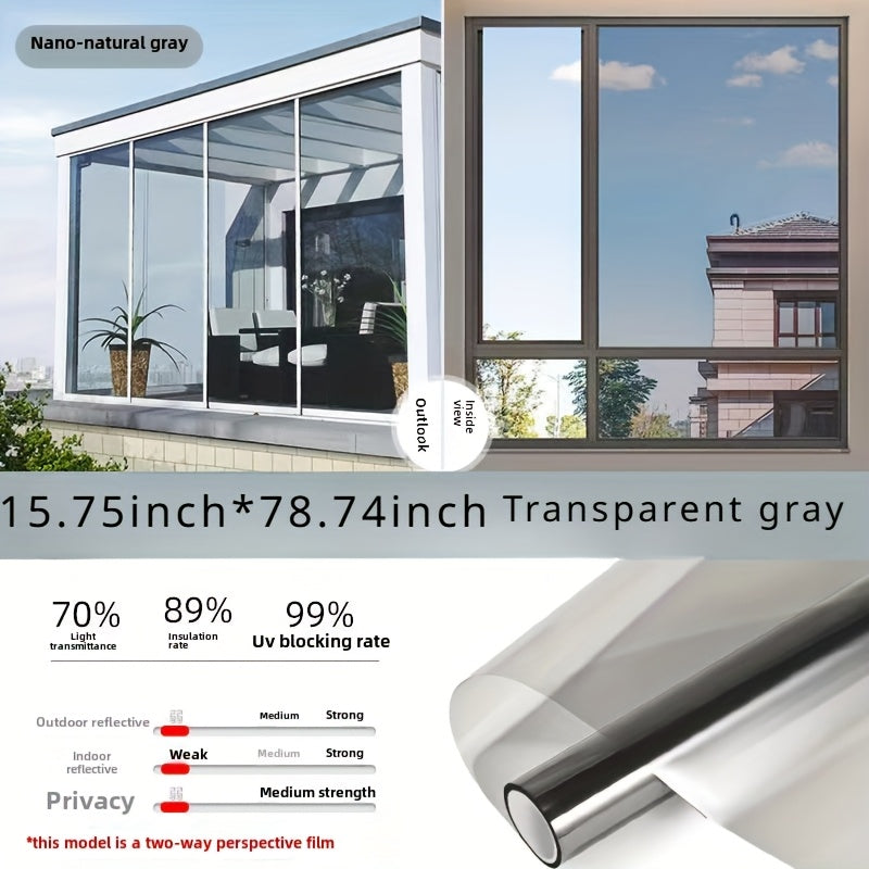 40.01 x 200.0 cm one-way mirror privacy film for offices, RVs, and homes. Provides heat control, UV protection, and increased privacy and comfort. Made of plastic material.