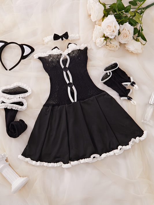 Sexy maid cosplay costume including frill-trimmed lace dress, gloves, stockings, choker, and headband.