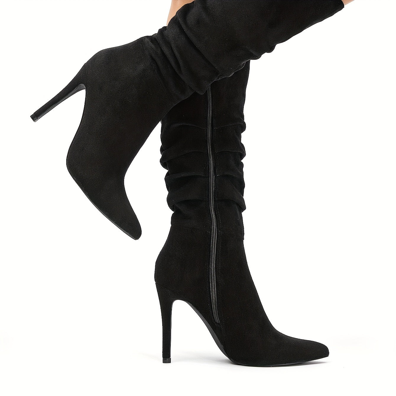 Pleated design long boots for women with point toe and stylish side zipper.