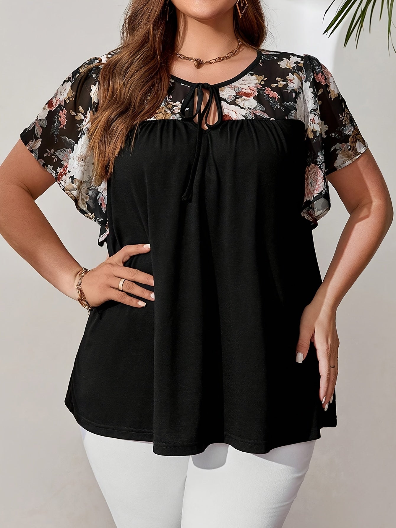 Plus Size Women's Elegant Black Floral Blouse with Tie-Front, Butterfly Sleeves, Lace-Like Fabric - Perfect for Spring & Summer.