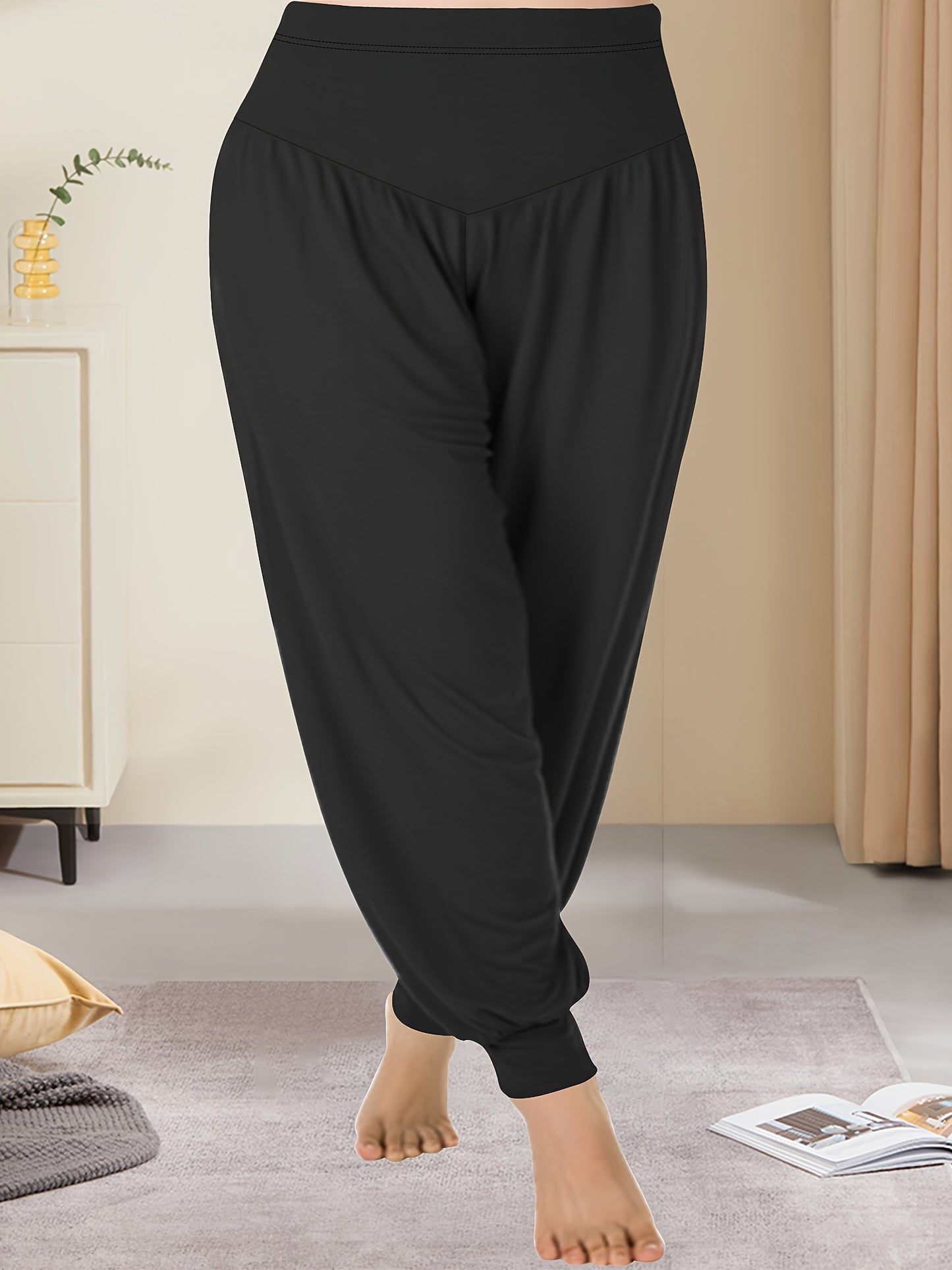 High-waist lantern pants in navy blue, stretchy polyester blend, machine washable, perfect for spring/summer/fall.