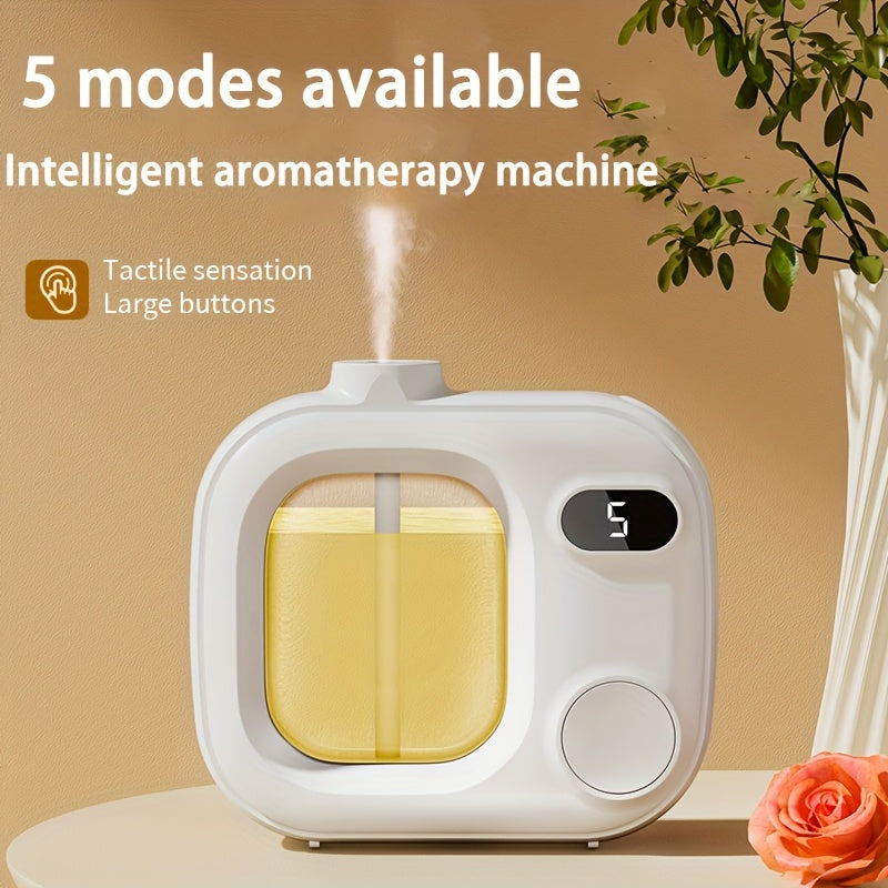 Smart aroma diffuser with Shangri-La essential oil, rechargeable battery, dual power options, 5 modes, tactile buttons, long-lasting fragrance for home or bathroom.