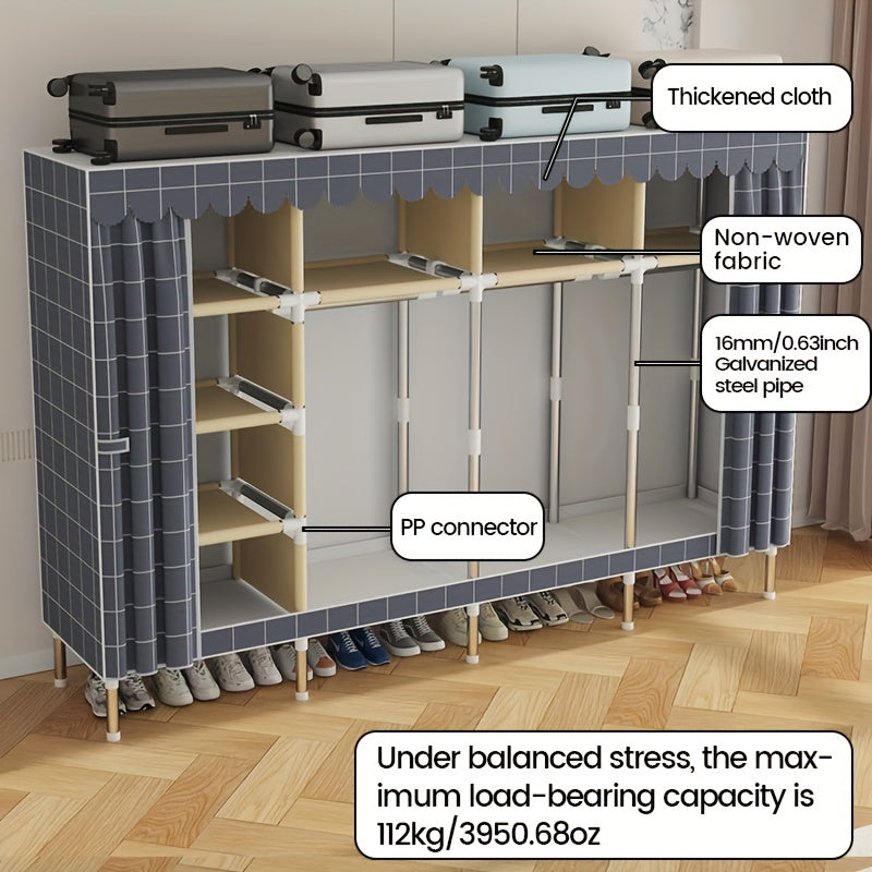 Solid color wide assembly with 10 shelves, 3 hanging rods, and plaid fabric. Portable closet for organizing wardrobe.