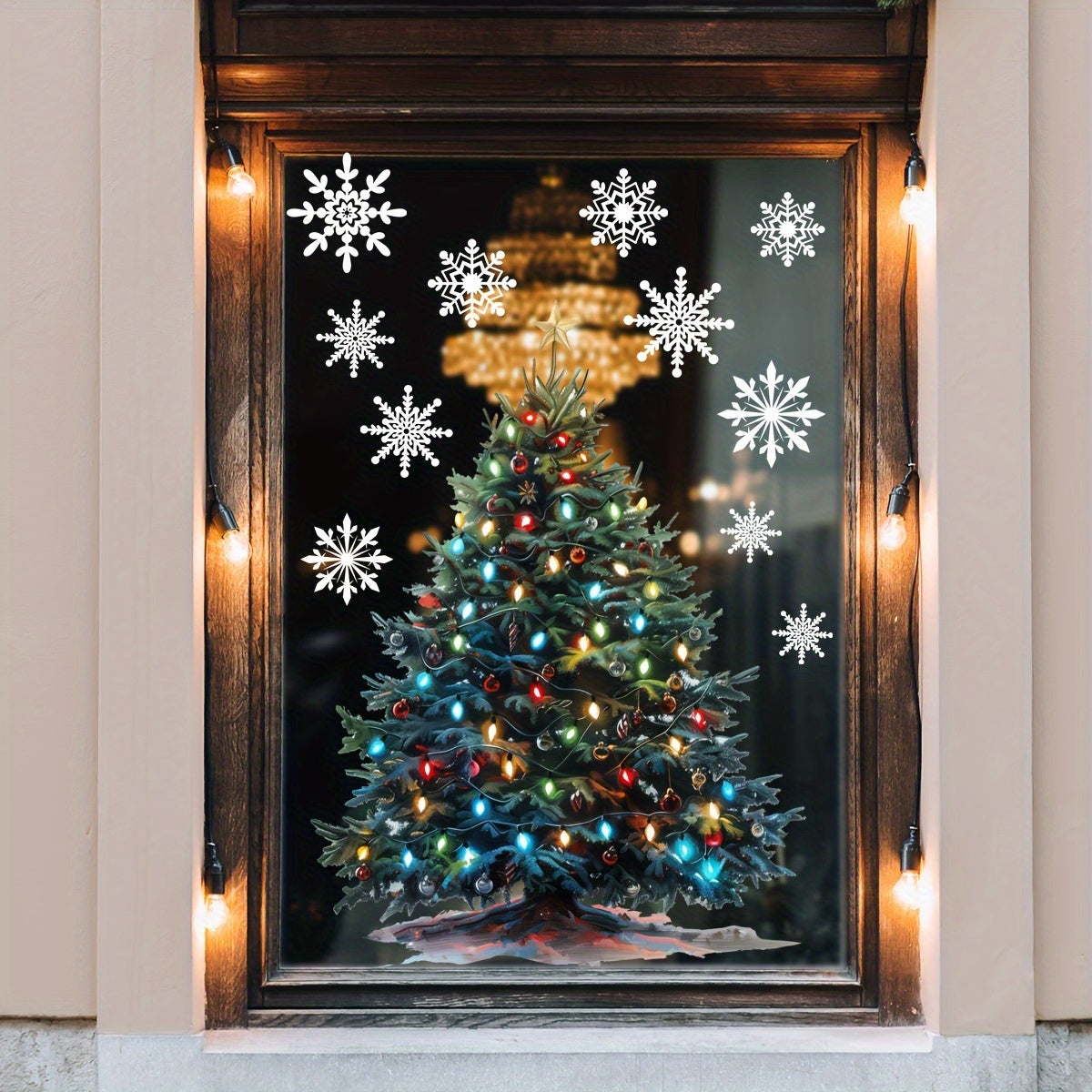 Get into the holiday spirit with our Christmas Cheer Window Cling! This dual-sided snowflake and tree design measures 30.48cm x 40.64cm and is made of self-adhesive PVC decal. Perfect for festive home decor and outdoor Christmas decorations.