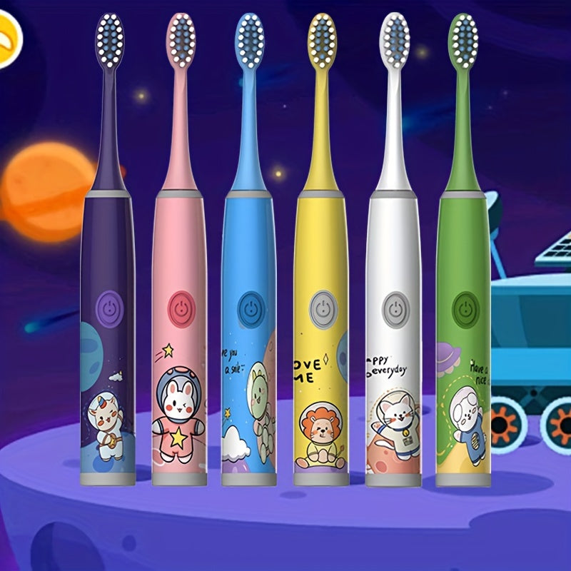 Cartoon Space Series Electric Toothbrush with 5 brush heads, battery powered, soft bristle, 2-minute timer, deep clean, cavity protection, perfect birthday gift.