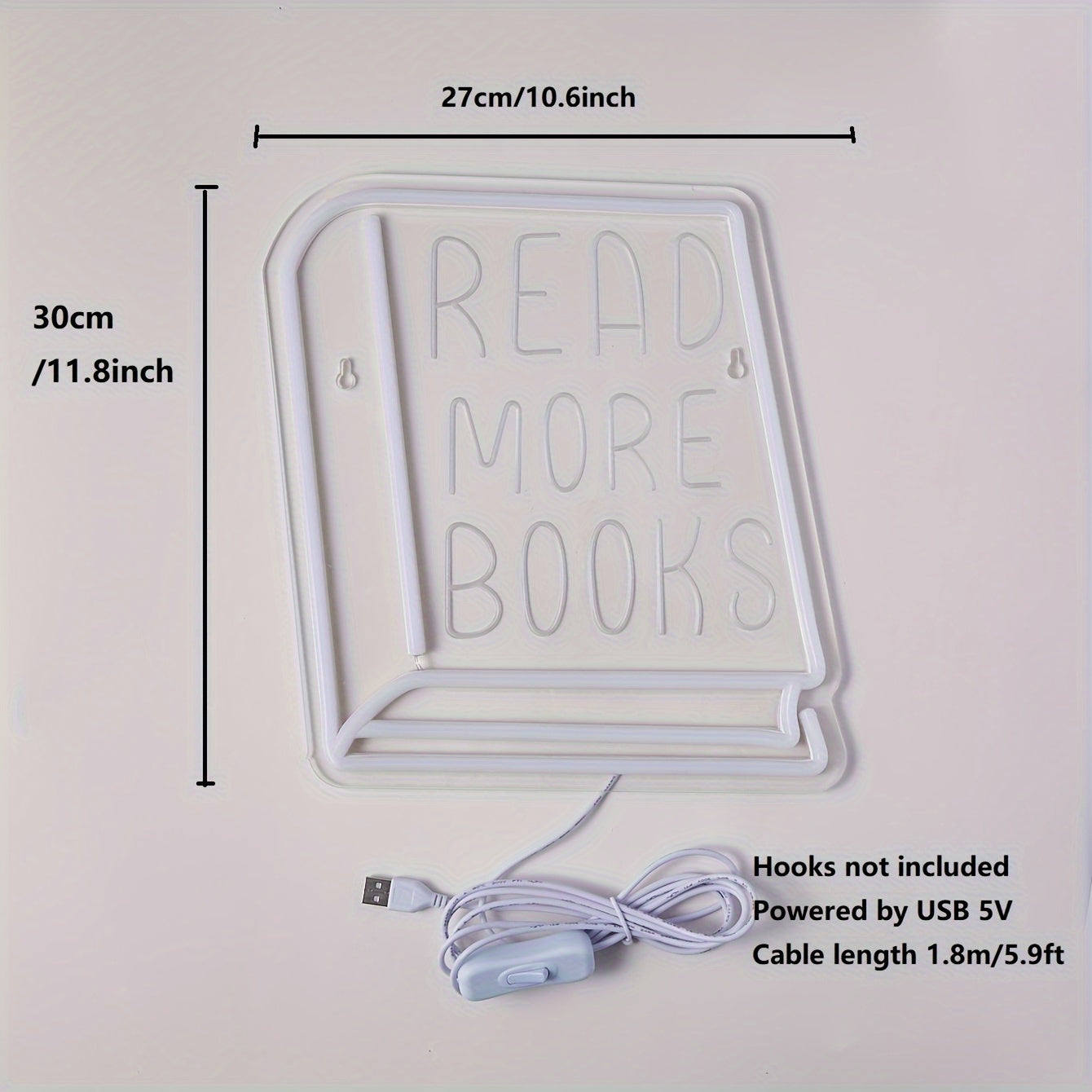 Neon "READ MORE BOOKS" sign for book lovers, perfect for home or office décor. Ideal for girls' bedroom and study area. USB-powered and wall-mounted.