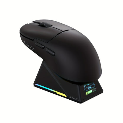 AJAZZ AJ159APEX Wireless Gaming Mouse features PAW3950 sensor with 8K optical resolution, tri-mode wireless connectivity, magnetic charging base, color screen, USB-C interface, and