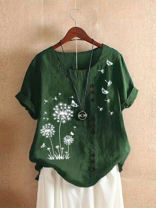 Plus Size Dandelion Print Tee, Women's Casual Round Neck Shirt