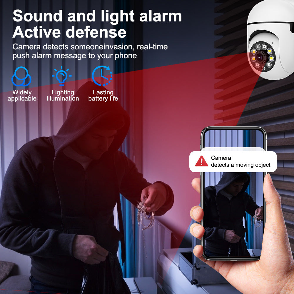 Wireless home security camera set includes four cameras with night vision, two-way audio, motion detection, 1080P HD resolution, 355° rotation, pet monitoring feature, WiFi connectivity, cloud and SD card storage options, Amazon Alexa compatibility