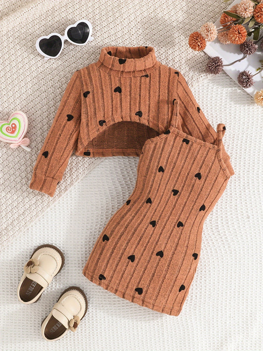 Baby Girl Outfit Set: Rib Knit Dressy Style with Geometric Pattern. Includes Long Sleeve Top with Heart Print and Slim Fit Camisole Dress Combo made of Polyester & Spandex. Perfect for