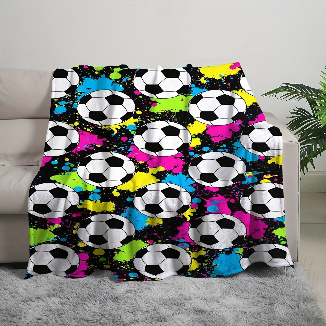 Contemporary Style Reversible Flannel Fleece Blanket with Soccer Ball Digital Print - Perfect for All Seasons, Bed and Sofa Use - Made of Durable Machine Washable Polyester - Ideal for Multi-Purpose Use