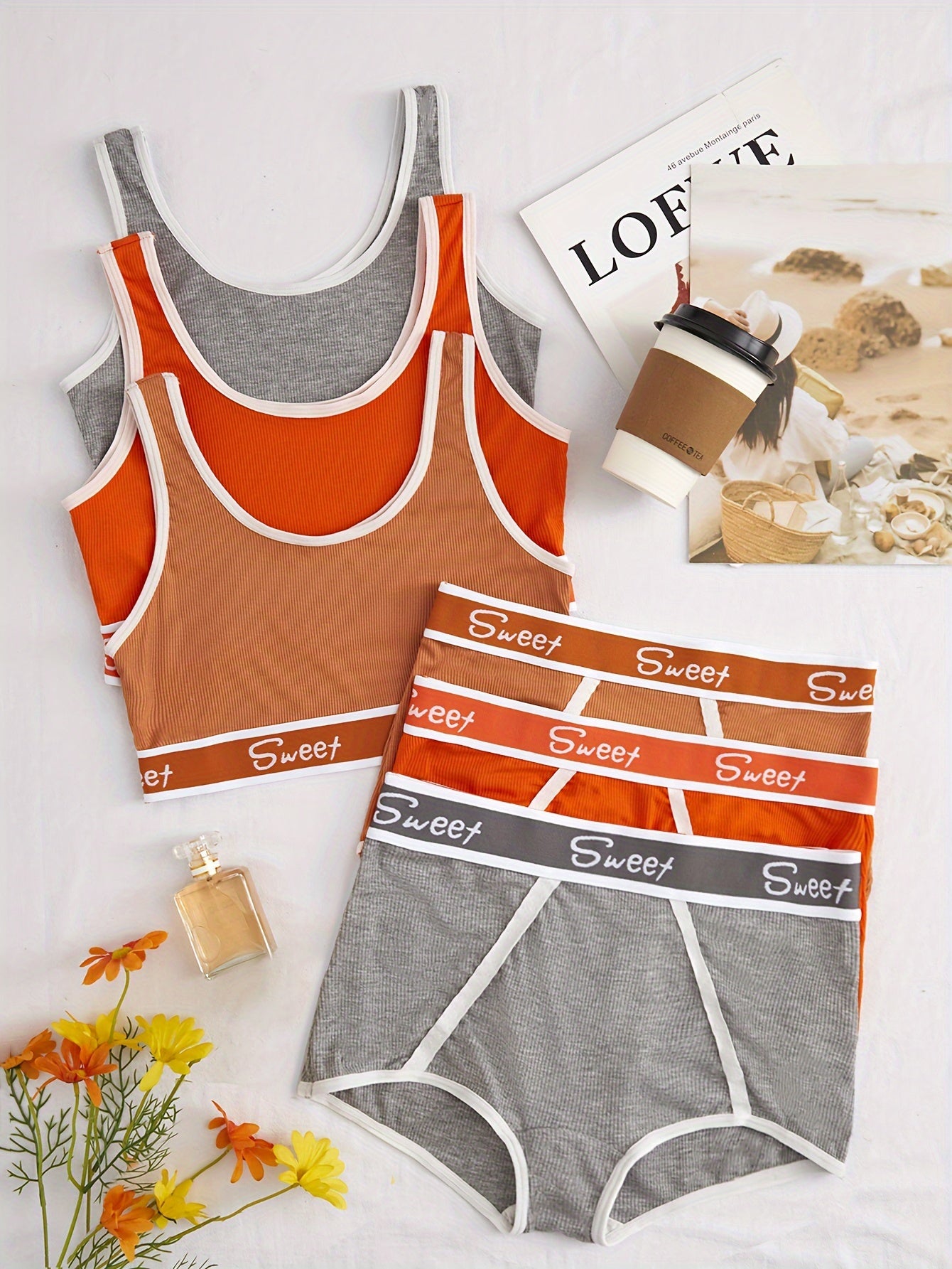 Sporty letter contrast trim bra and shorts set, scoop neck soft bra and high waist boxer shorts lingerie set for women.