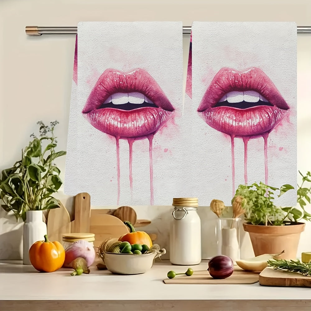 Get your hands on two incredibly soft kitchen towels featuring a Valentine's Day lips design. These towels are highly absorbent, machine washable, and measure 40.64x60.96 cm. Add a touch of contemporary style to your home and kitchen with these polyester