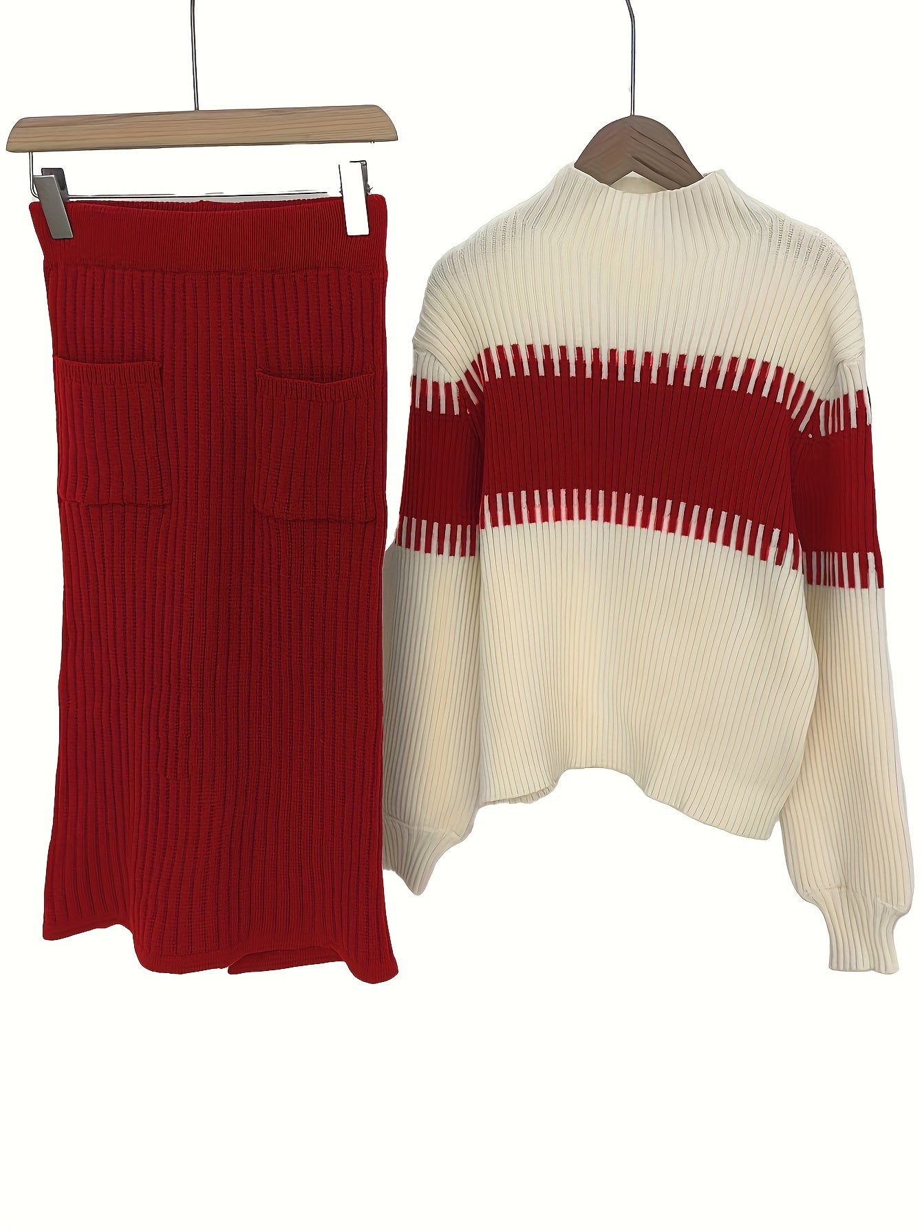 Casual ribbed two-piece set with color block knit sweater and solid midi skirt.