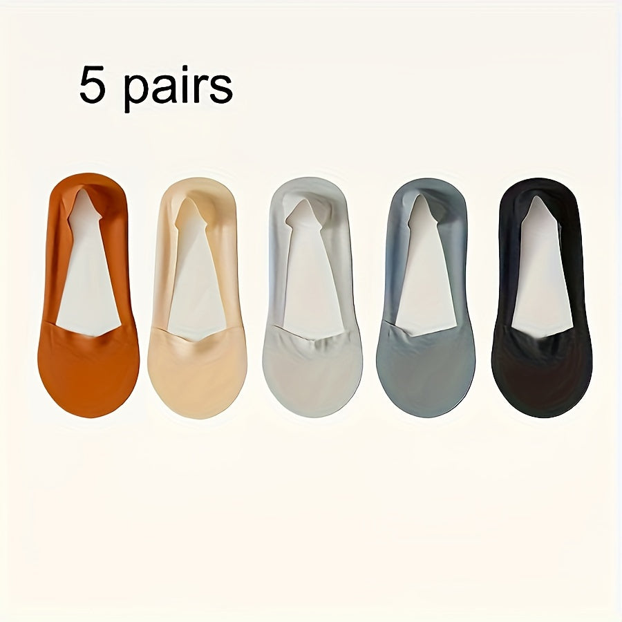 5 pairs of solid ice silk socks for women, non-slip and breathable low cut invisible socks.