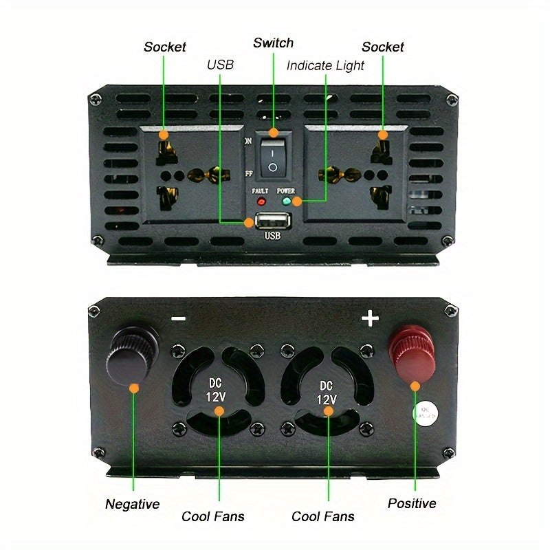 3000W Portable Inverter converts DC 12V to AC 220V for use in vehicles.