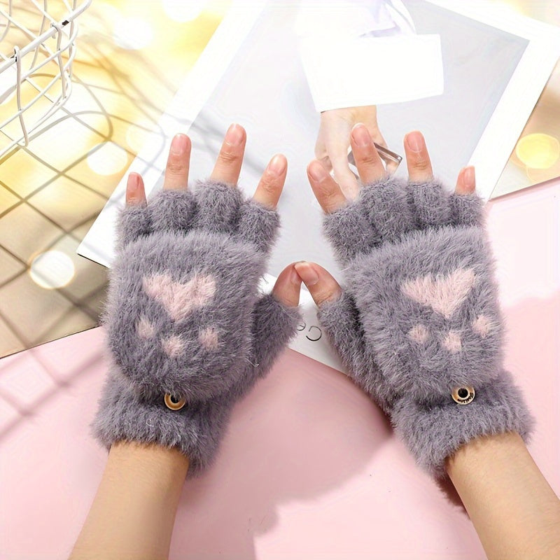 Hand Washable - Convertible Mitten Flap Casual Acrylic Gloves with Cartoon Cat Claw Design, Elastic Knit Winter Gloves Providing Non-Slip Grip and Windproof Protection. Perfect for Weekend Casual Wear.